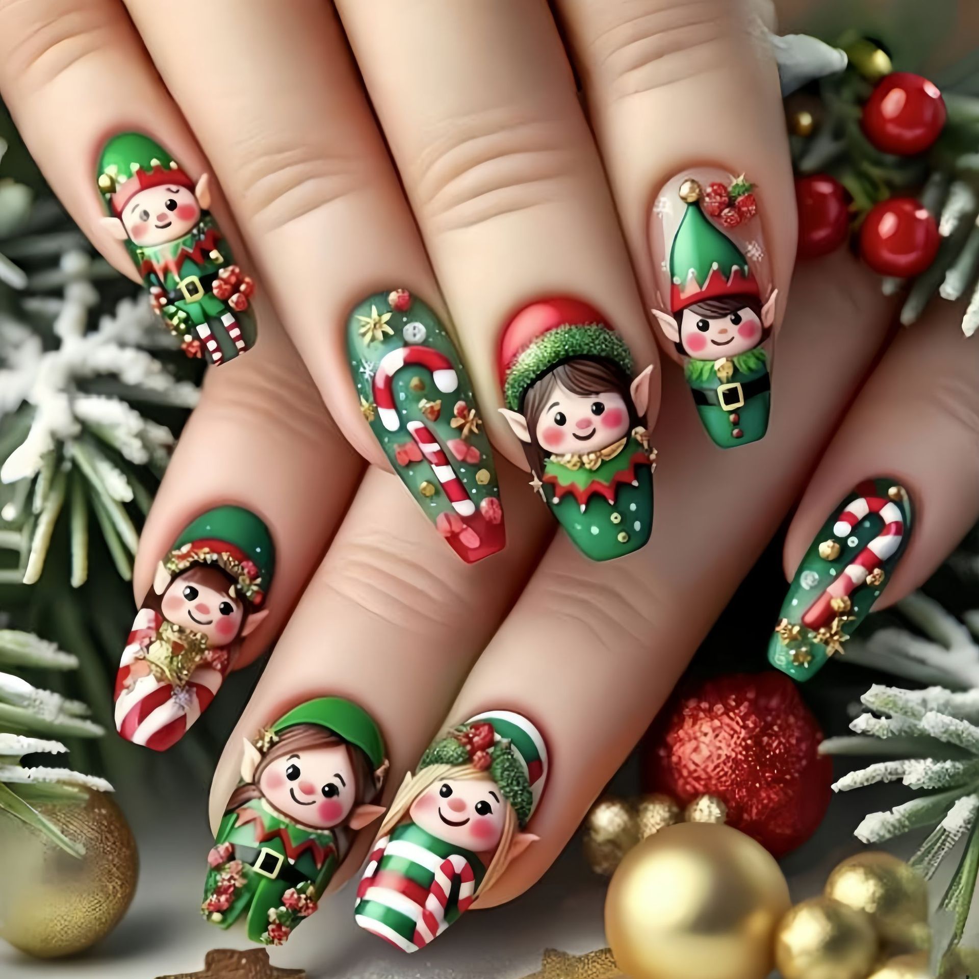 Nail Art Press On - Medium nepnagels voor kerstfeest sneeuwvlokken Kerstboom