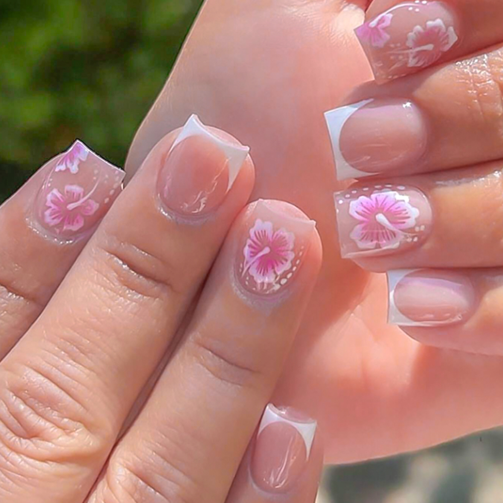 Nail Art Press On - 24 Stuks Franse Bloem Kunstnagels Roze